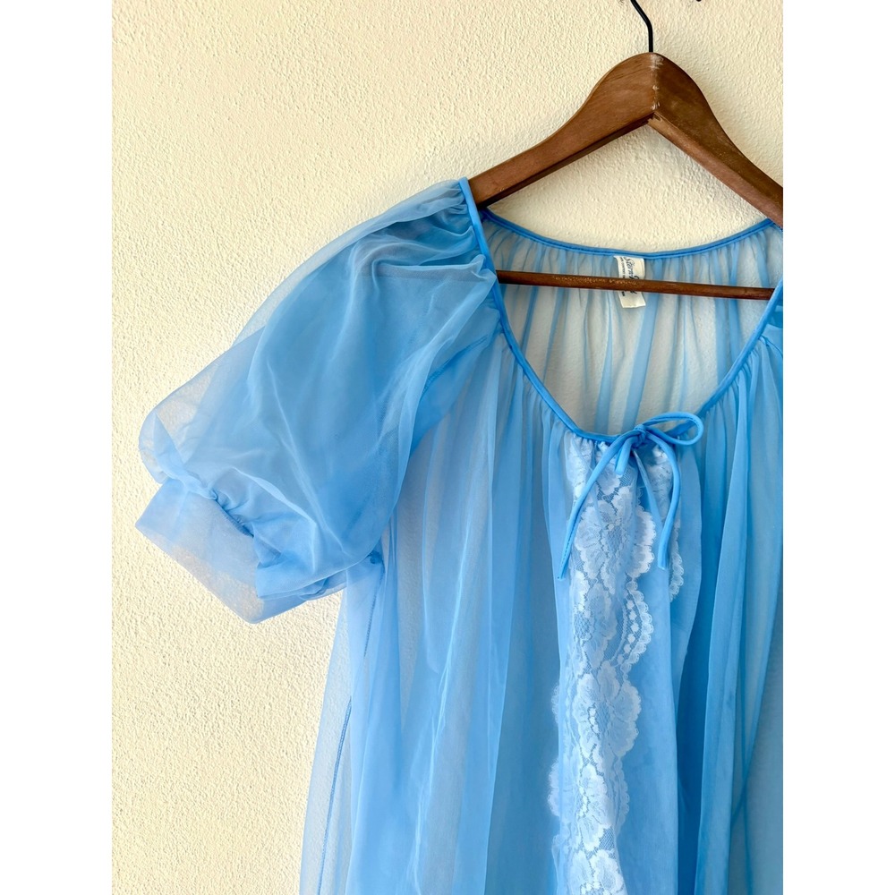 Vintage Stern-Maid Blue Sheer Lace Peignoir Robe USA Union Made S Coquette Girl - Picture 4 of 11